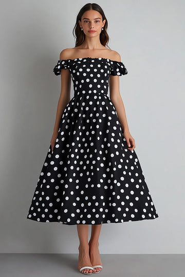 Off The Shoulder En linje Svart Vit Polka Dots Klänning